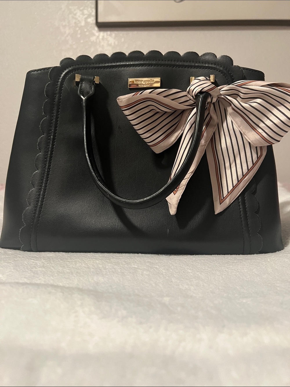 Kate Spade Black Maple Court Linz Scalloped Satchel with Striped Bow Accent
